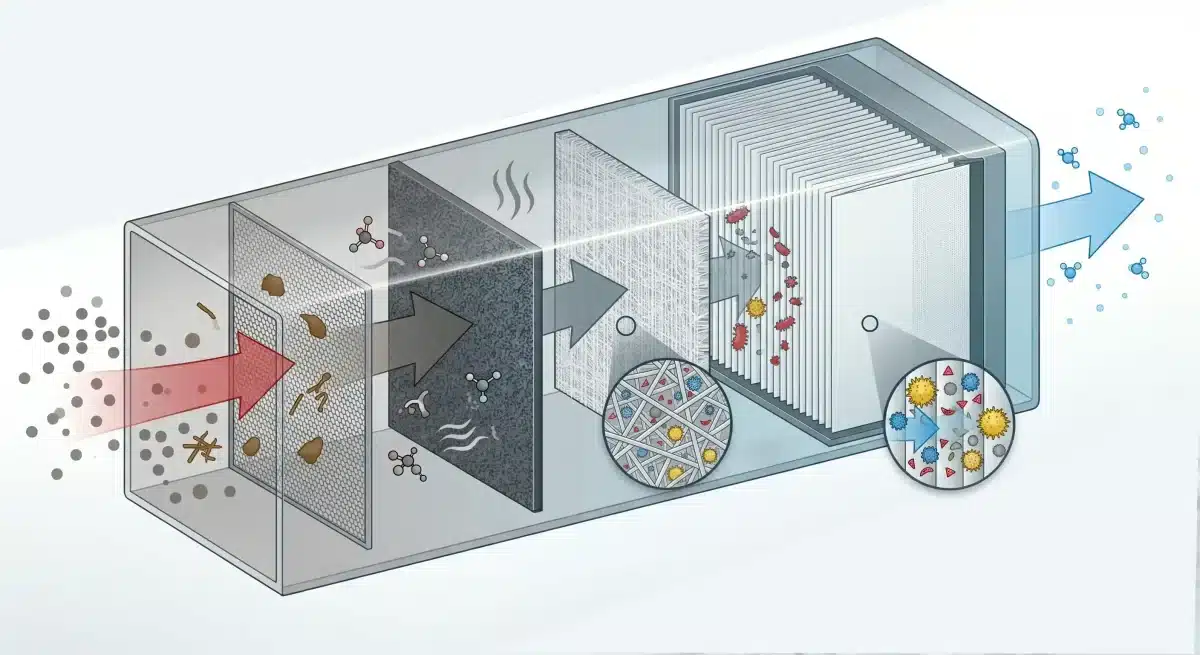 Diagram showing how a HEPA filter removes airborne particles in an air conditioner