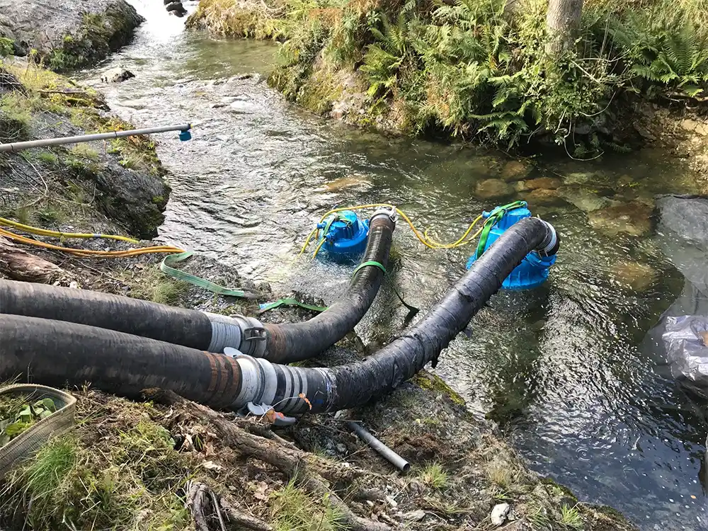 Two submersible industrial pumps with hoses deployed for drainage in a stream.