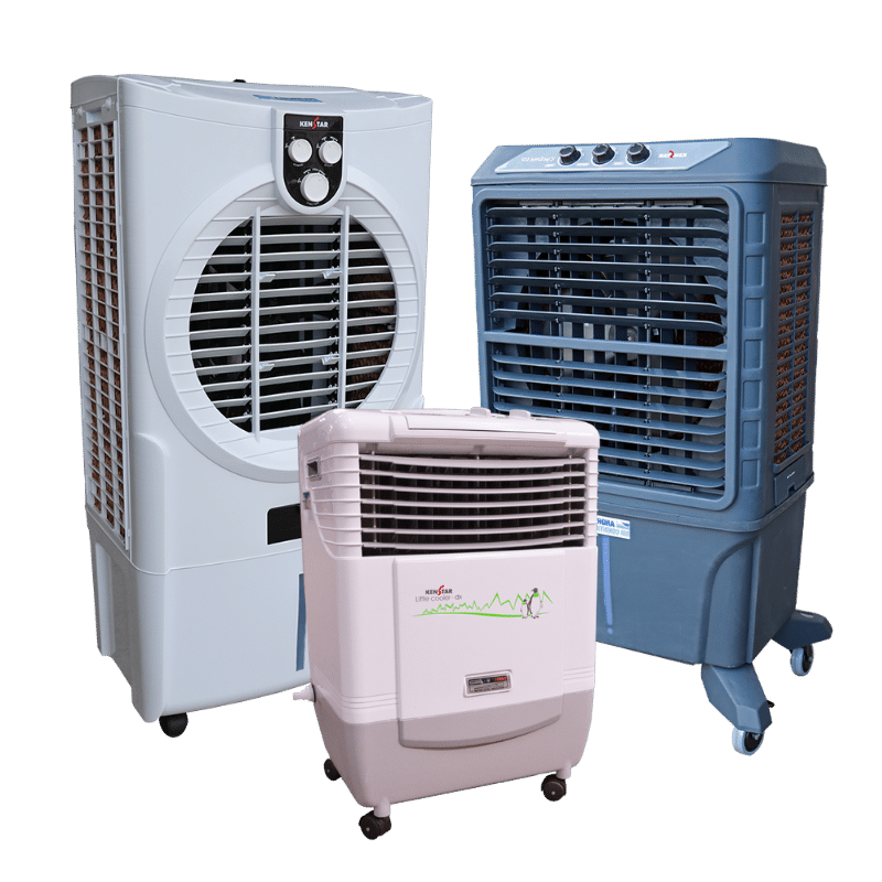 Evaporative coolers providing localised comfort cooling for shops, schools, restaurants and open commercial spaces.