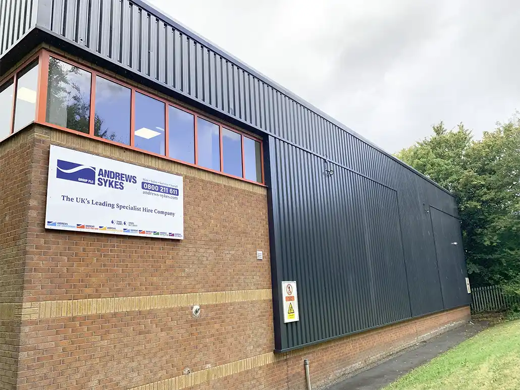 Andrews Sykes North West hire depot banner Banner of Andrews Sykes’ new Irlam, North West depot, highlighting its as the UK’s leading specialist hire company.