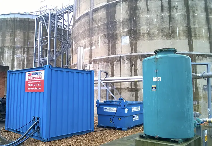 Andrews Sykes boiler hire unit providing heating support at a wastewater treatment site.