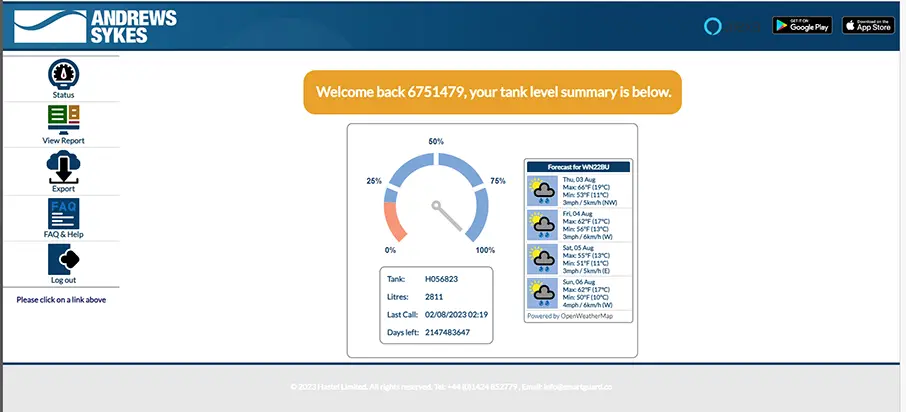 Andrews Sykes fuel management dashboard showing live tank levels and weather forecast.