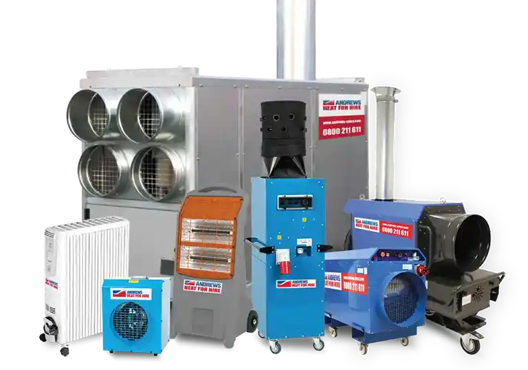 A selection of portable heaters including electric, oil-fired, and high-capacity units available for temporary heating applications.