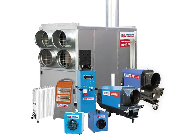 Andrews Heat for Hire heater range including electric, indirect oil-fired and industrial heaters for commercial heating applications