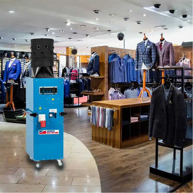 95 360 portable electric heater with a 360-degree diffuser, positioned on the shop floor