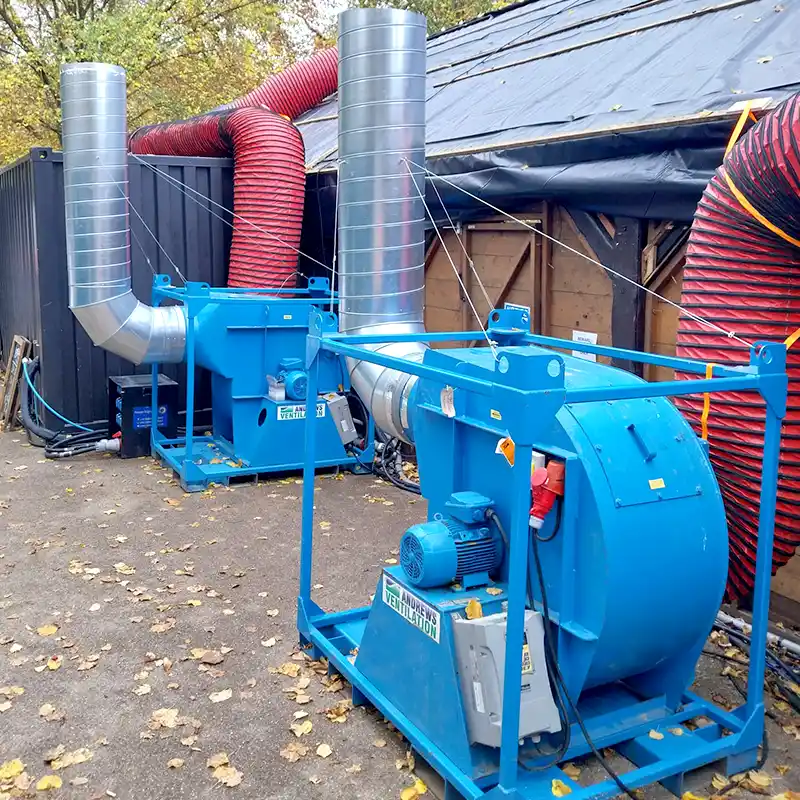 Two FV900 S2 Ventilation Fans connected to ducting system, deployed outdoors