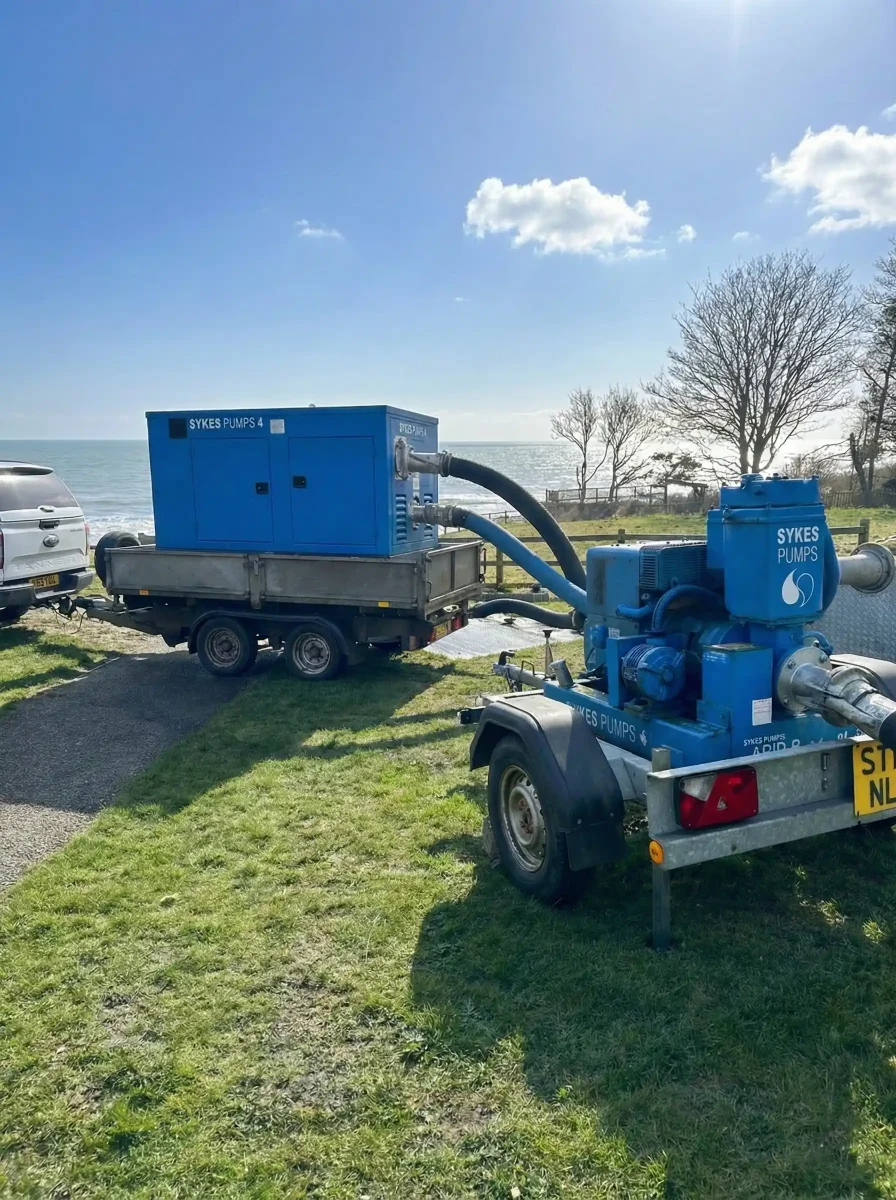 Full deployment of a Sykes Pumps Super Wispaset 150 and a smaller Rapid Response pump on trailers