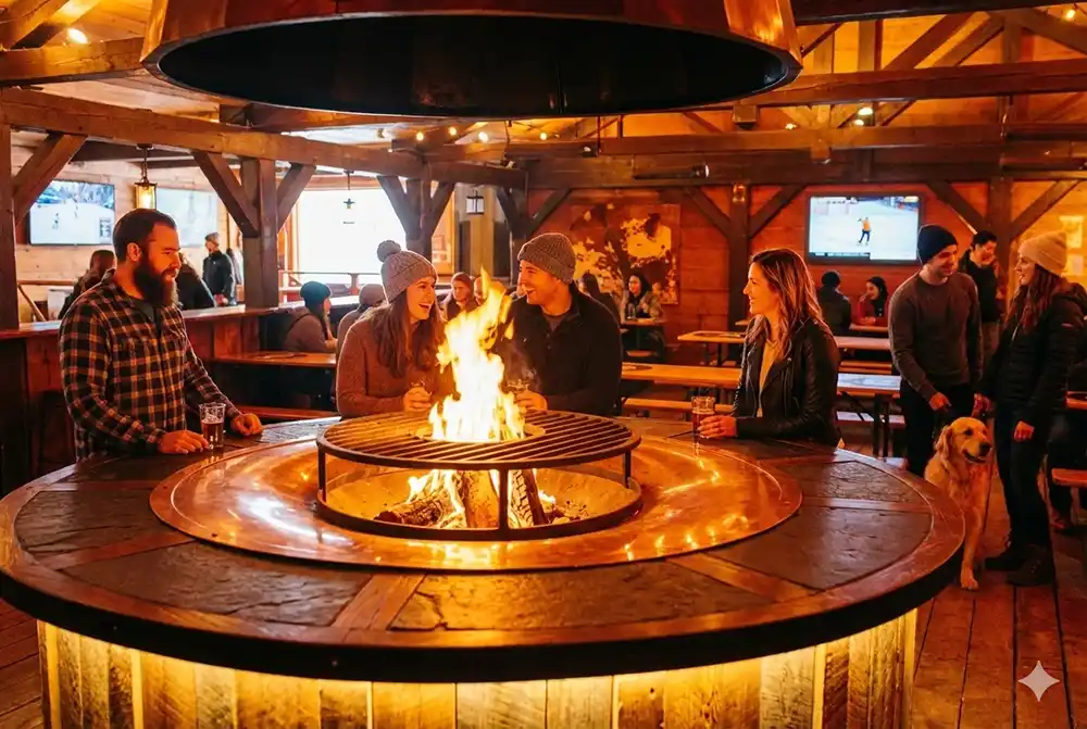 Visitors socialising around a central fire pit inside a wooden lodge, with smoke effectively managed to prevent CO2 accumulation.