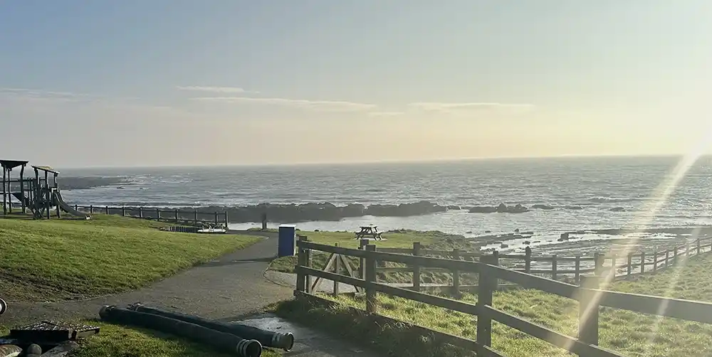 An overview of the coastal project site, showing a paved path, wooden fencing