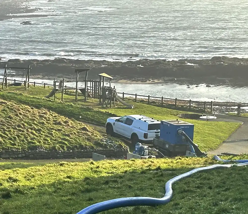 A high-angle view showing the strategic placement of pumping equipment