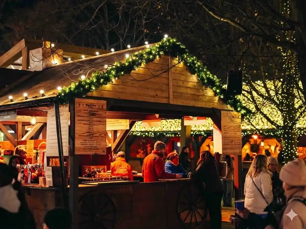 Exterior view of a busy London winter attraction featuring semi-enclosed wooden chalets.