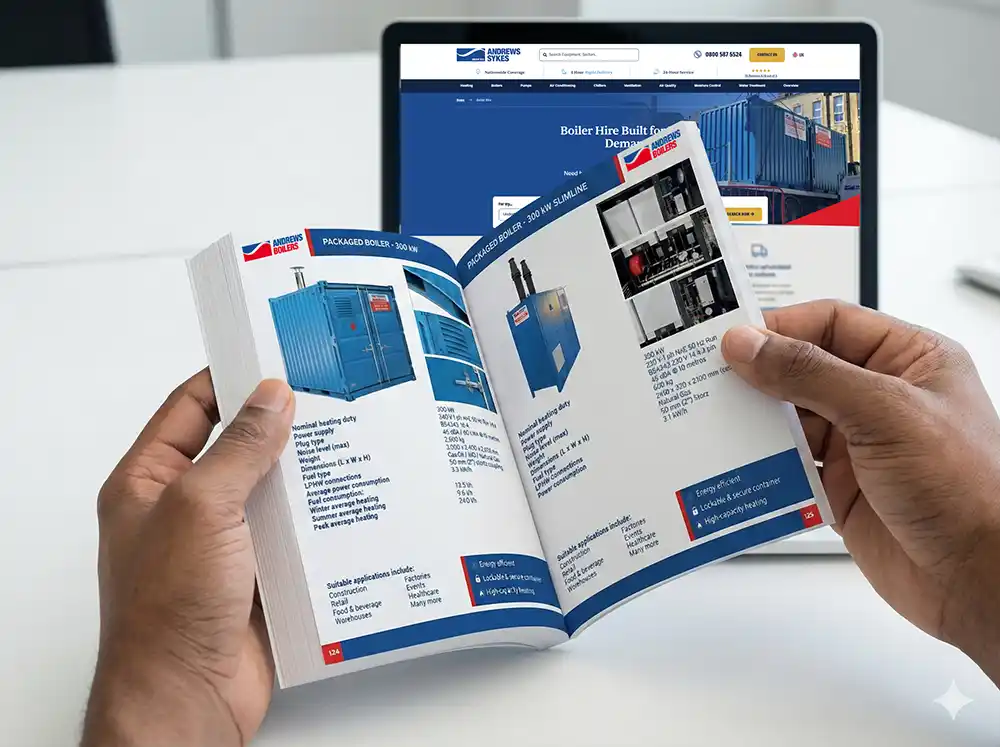 A person's hands holding open the new Andrews Sykes HVAC Pocket Book, displaying technical specifications for a 300 kW packaged boiler, with the website visible on a laptop in the background.
