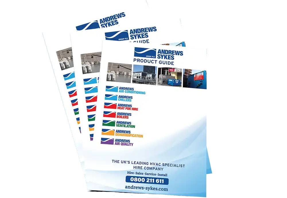 A stack of the new Andrews Sykes Product Guides, with covers listing categories for Air Conditioning, Chillers, Heating, Boilers, Ventilation, and Air Quality, alongside the 0800 211 611 contact number.