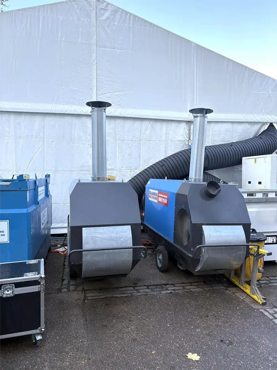 High-capacity indirect fired heater hire supporting a large winter marquee event in London, providing safe, reliable heating for occupied spaces.