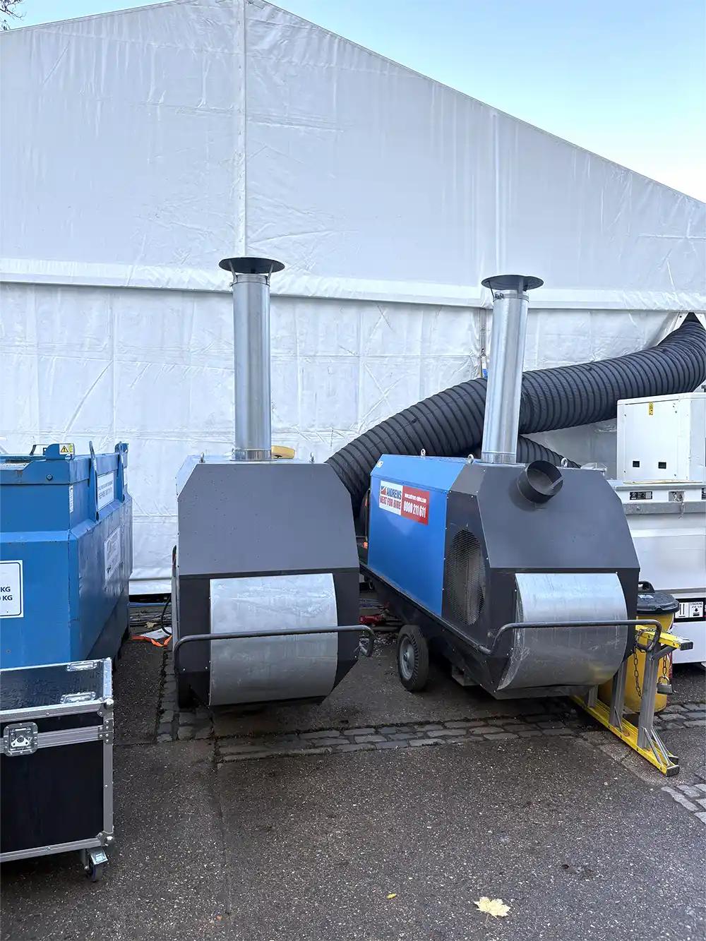 High-capacity indirect fired heater hire supporting a large winter marquee event in London, providing safe, reliable heating for occupied spaces.