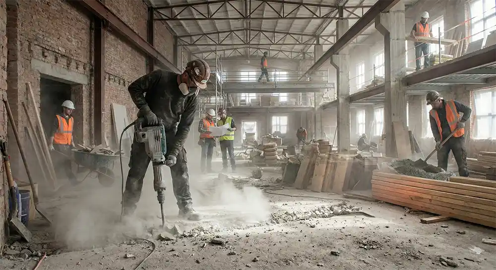 Construction worker using a jackhammer inside a building generating heavy dust during demolition without active dust control systems
