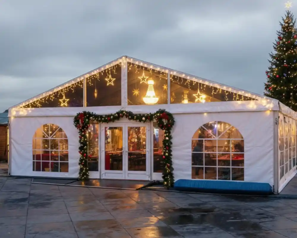 Temporary event heating in London designed to maintain comfortable indoor temperatures inside a large winter marquee despite cold external conditions.