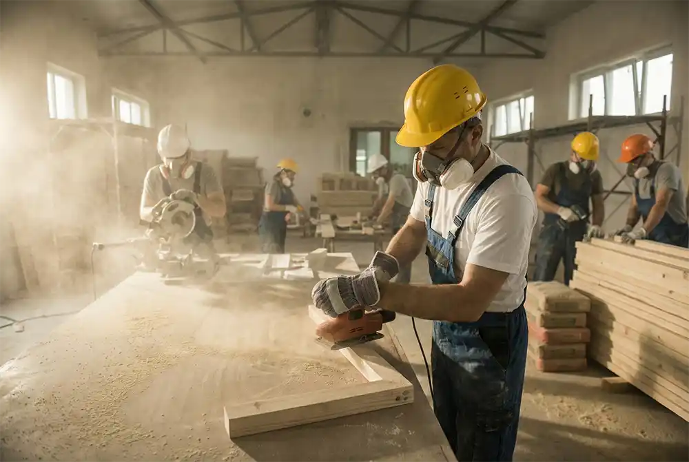 Construction workers cutting timber in a dusty workshop environment wearing respiratory protective equipment