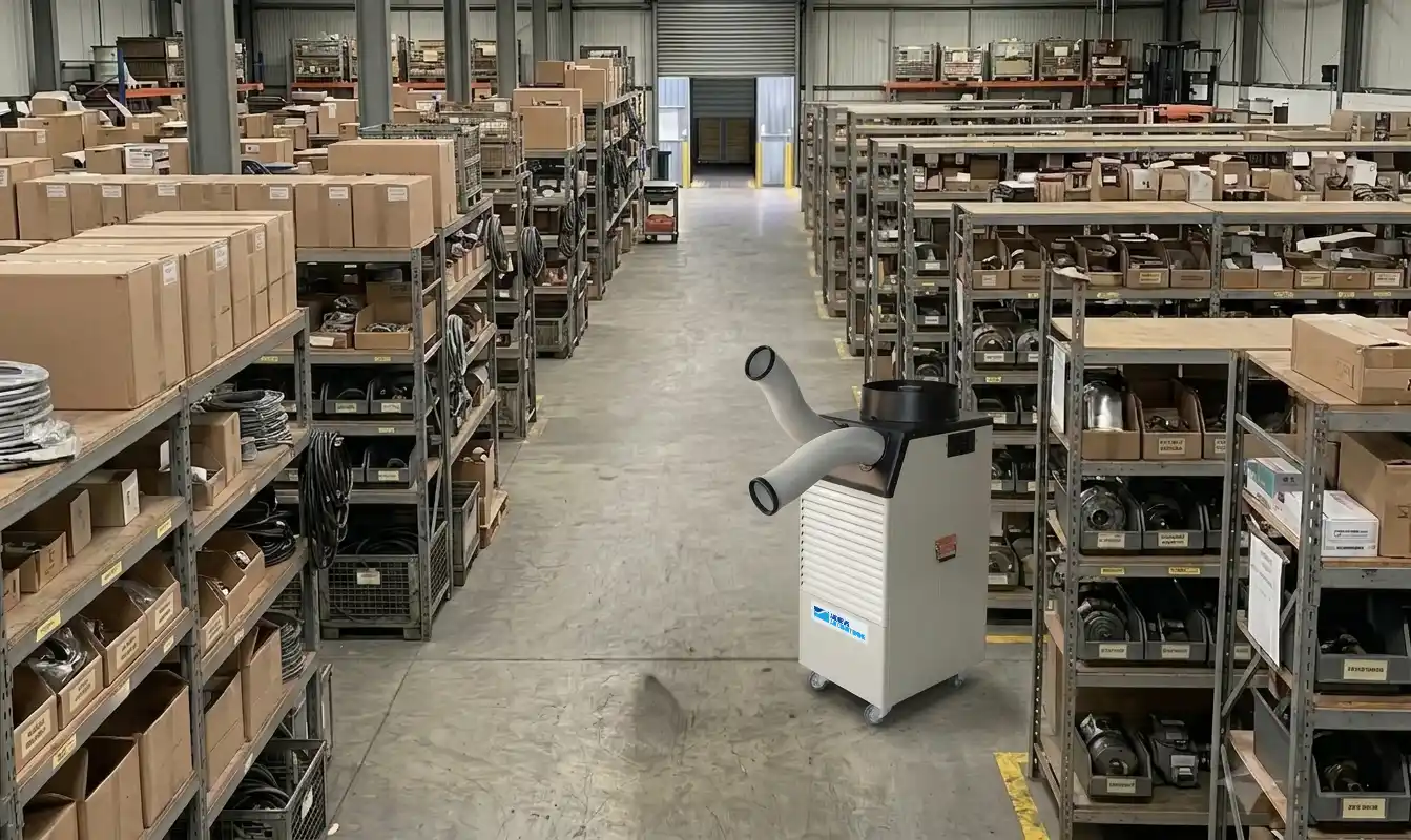 ET25 HP portable heat pump in warehouse ET25 HP portable heat pump providing climate control in an industrial storeroom with shelved parts and stock
