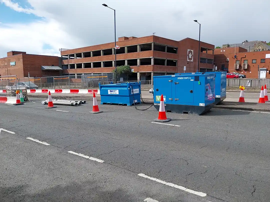 Temporary Wastewater Pumping System Pump hire equipment maintaining continuous wastewater flow during infrastructure works