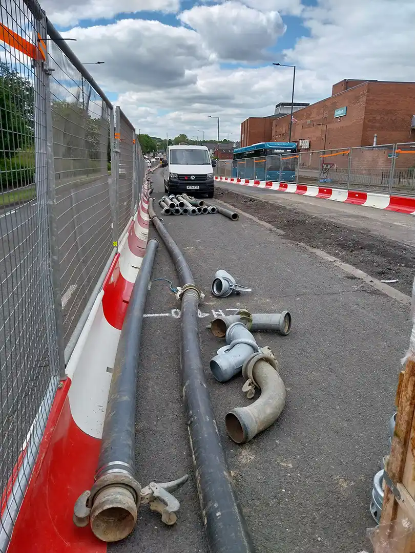 Wastewater Diversion Pipework Temporary pipework diverting wastewater flow during sewer maintenance works