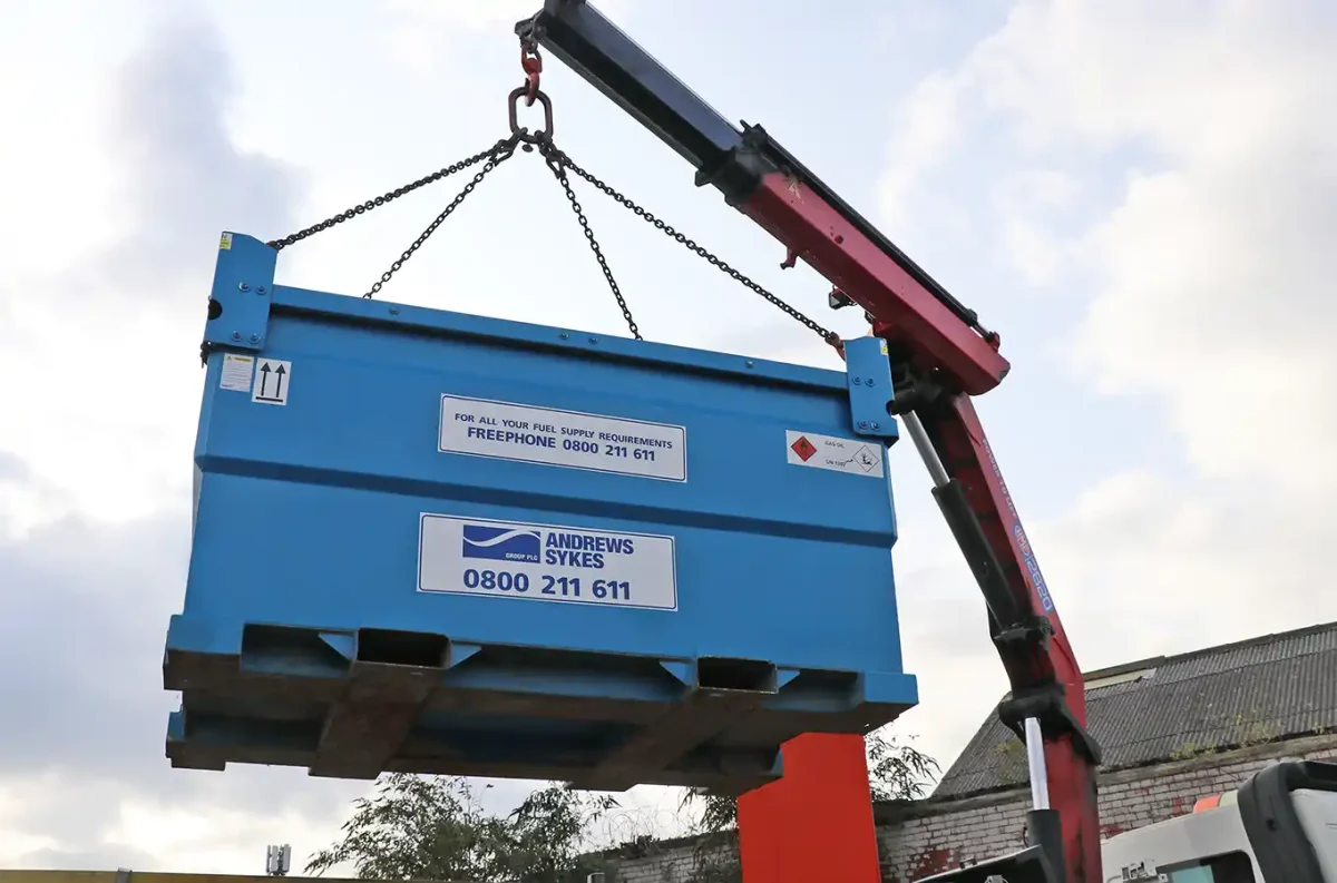 Portable Fuel Tank Delivery Andrews Sykes portable fuel tank being delivered for controlled fuel supply and reduced contamination risk.