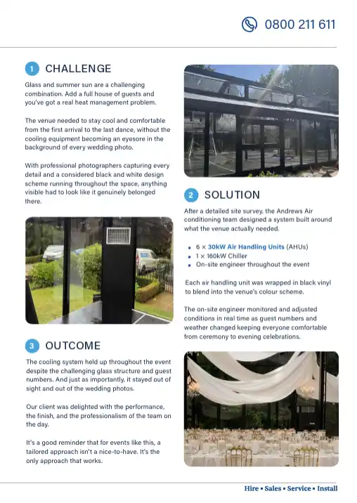 third page of case study andrews air conditioning delivers bespoke cooling for a glass wedding marquee