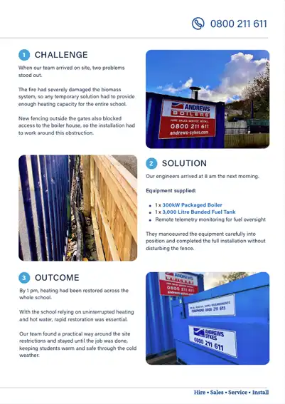 Third page of a case study andrews boilers restored heating and hot water for a specialist school