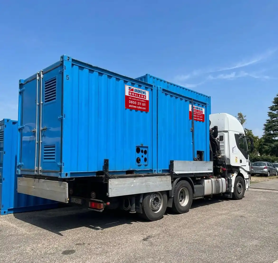 Packaged boilers loaded for delivery to site Two packaged boilers loaded on a crane lorry for delivery, supporting rapid response to school heating failures