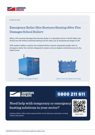 second page of a case study andrews boilers restored heating and hot water for a specialist school
