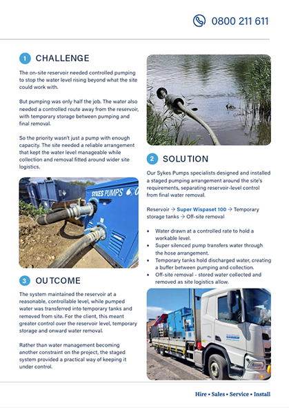 Challenge, solution and outcome of case study – Controlled reservoir pumping and water removal on construction site Case study challenge, solution and outcome: staged pumping from reservoir to Super Wispaset 100, temporary tanks and off-site removal