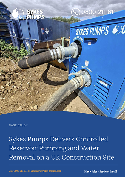 Cover of case study – Controlled reservoir pumping and water removal on construction site Sykes Pumps case study cover: controlled reservoir pumping and water removal on a UK construction site with a Super Wispaset 100 pump