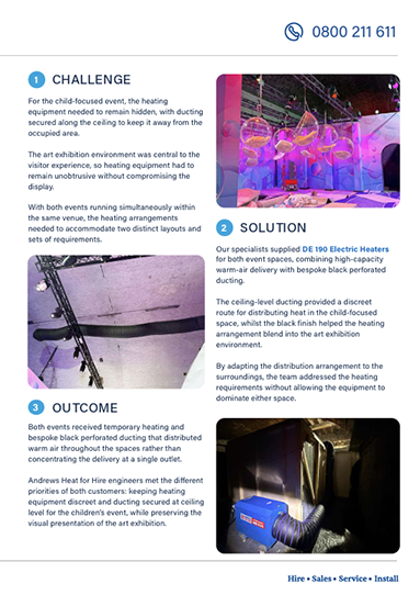 Case study page covering the challenge, solution and outcome of discreet DE190 exhibition heating in Manchester