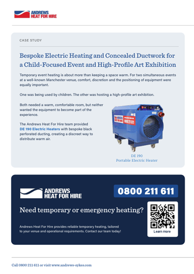 Case study page introducing bespoke electric heating and concealed ductwork for a child-focused event and art exhibition
