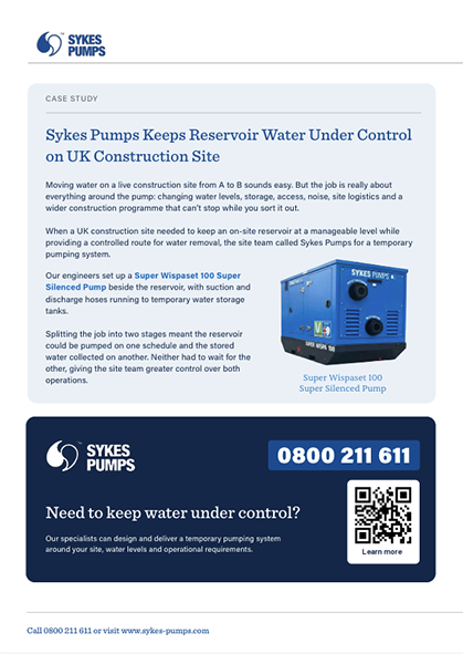 Introduction of case study – Controlled reservoir pumping and water removal on construction site Case study introduction explaining how a Super Wispaset 100 and temporary storage tanks kept a construction site reservoir under control