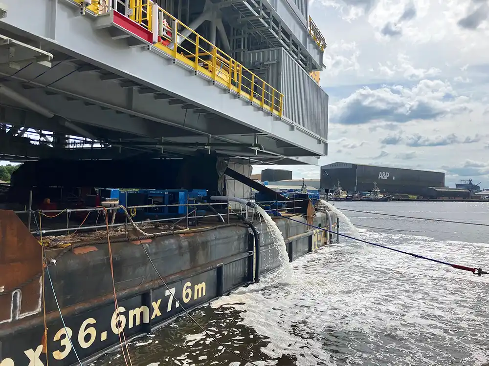 Temporary pump setup regulates ballast tank levels to stabilise barge while moving oversized fabrication Ballasting system ensures safe, on-time load-out at Tyne shipyard
